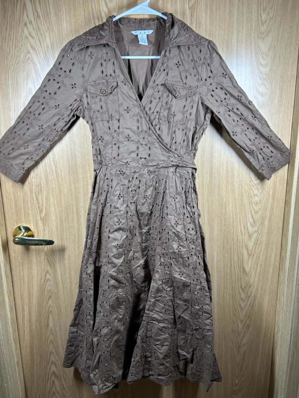 CAbi Size 8 Brown Eyelet Collared V Neck Midi Fit & Flare Tie Belted Wrap Dress